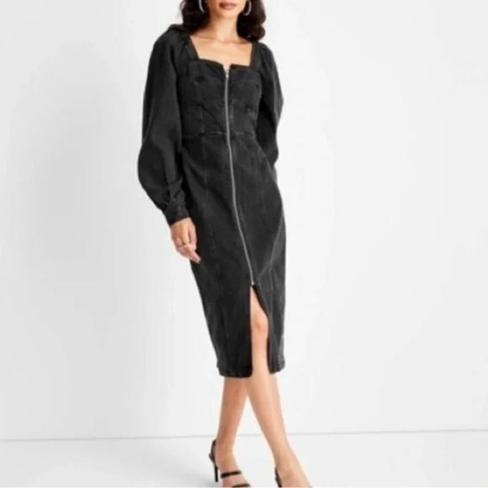 Future Collective Kahlana Barfield Denim Puff Sleeve Zip Dress Black Womens 0